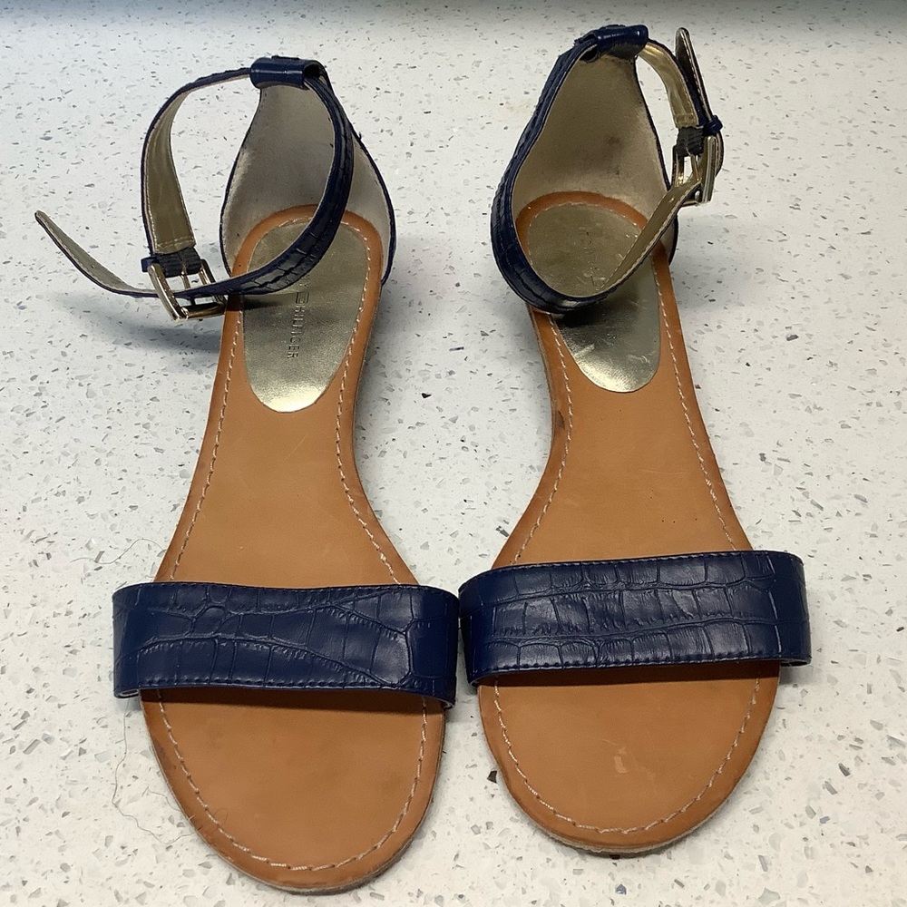 Blue leather ankle strap flat sandals